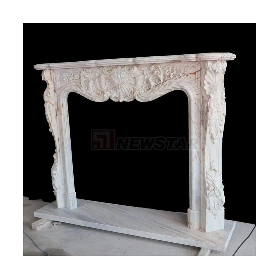 2026 Newstar Carved LuxurDesign Classic 3D Flower Style Natural Marble Fireplace Indoor Decoration Marble Stone Fireplace Ment