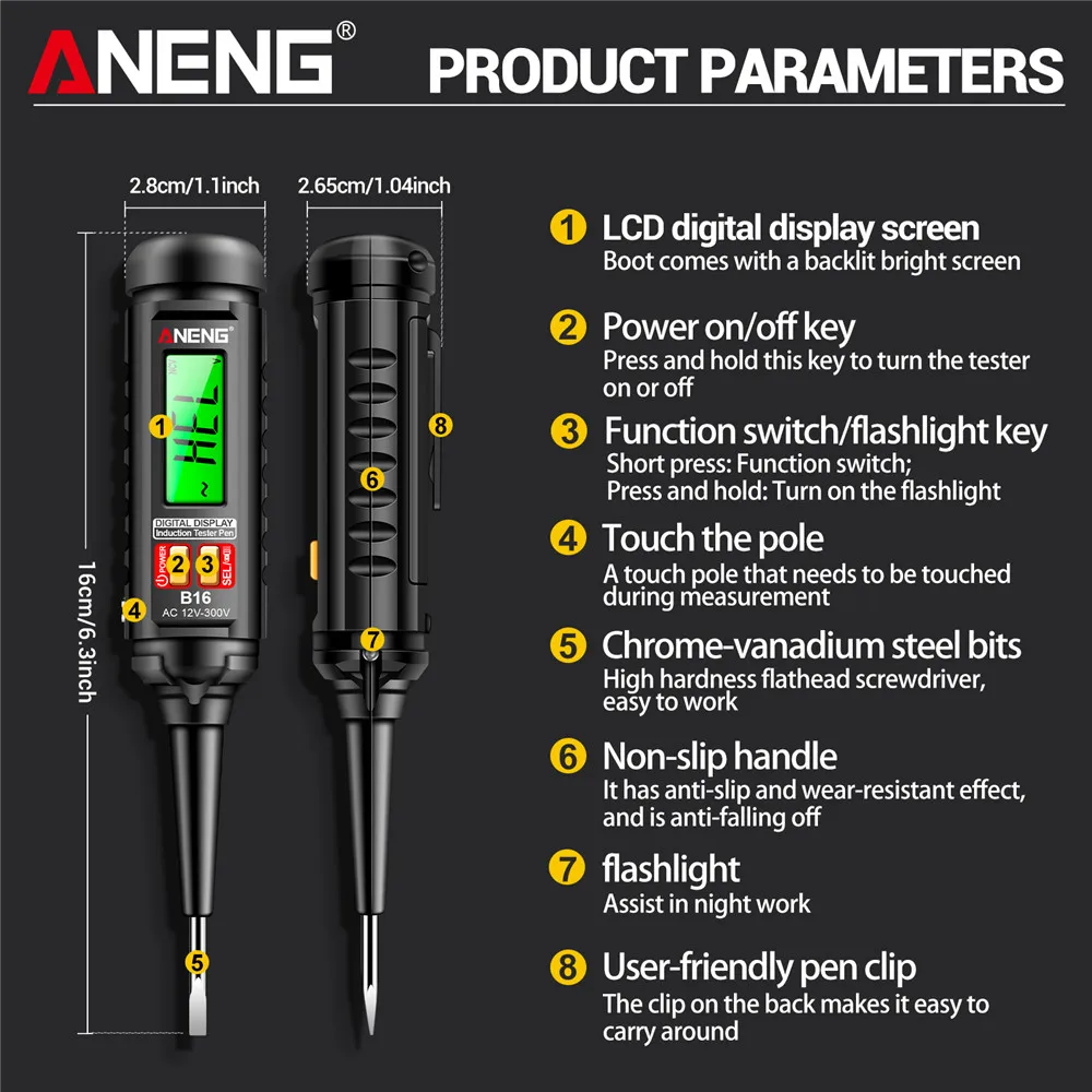 ANENG 지능형 감지 디지털 측정 펜 B16 비접촉 12V-300V 전압 검출기 자동차 진단 파인더 전압계 도구