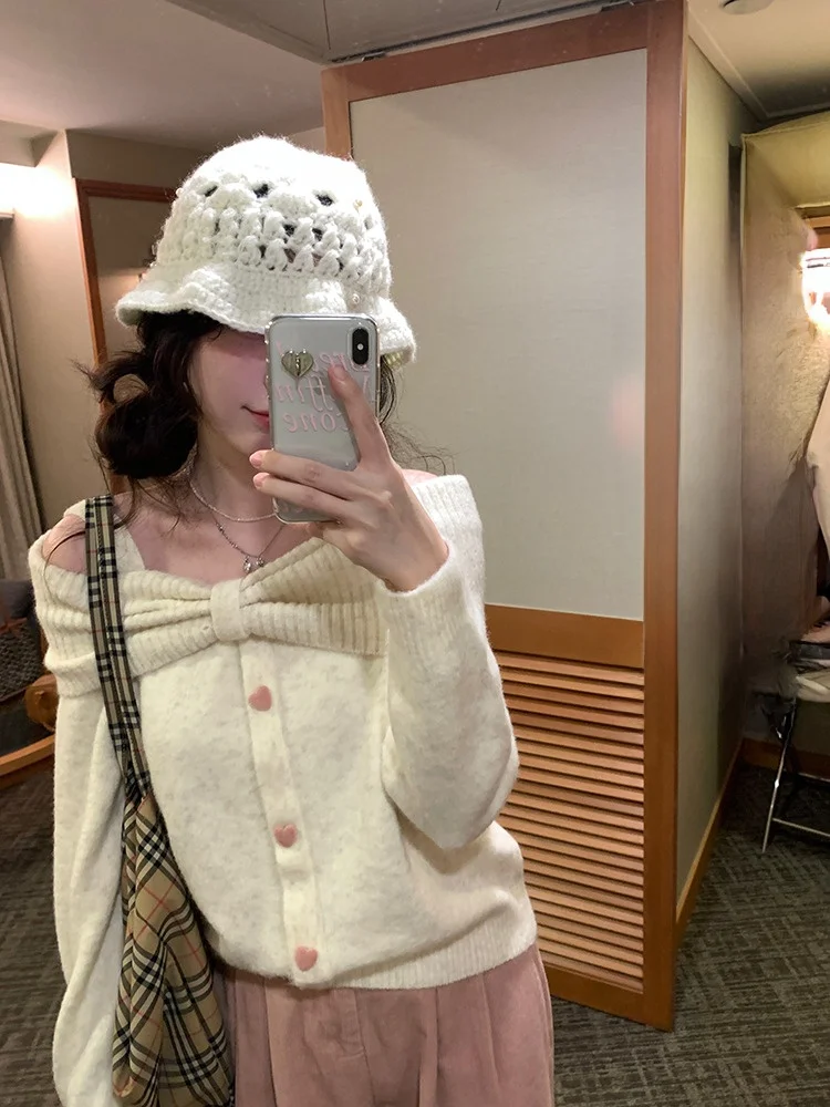 

PtonUmi Knot Heart Bule One oulder Sweater Women's Autumn Winter Pure Desire oulder Exposure Knitted Top