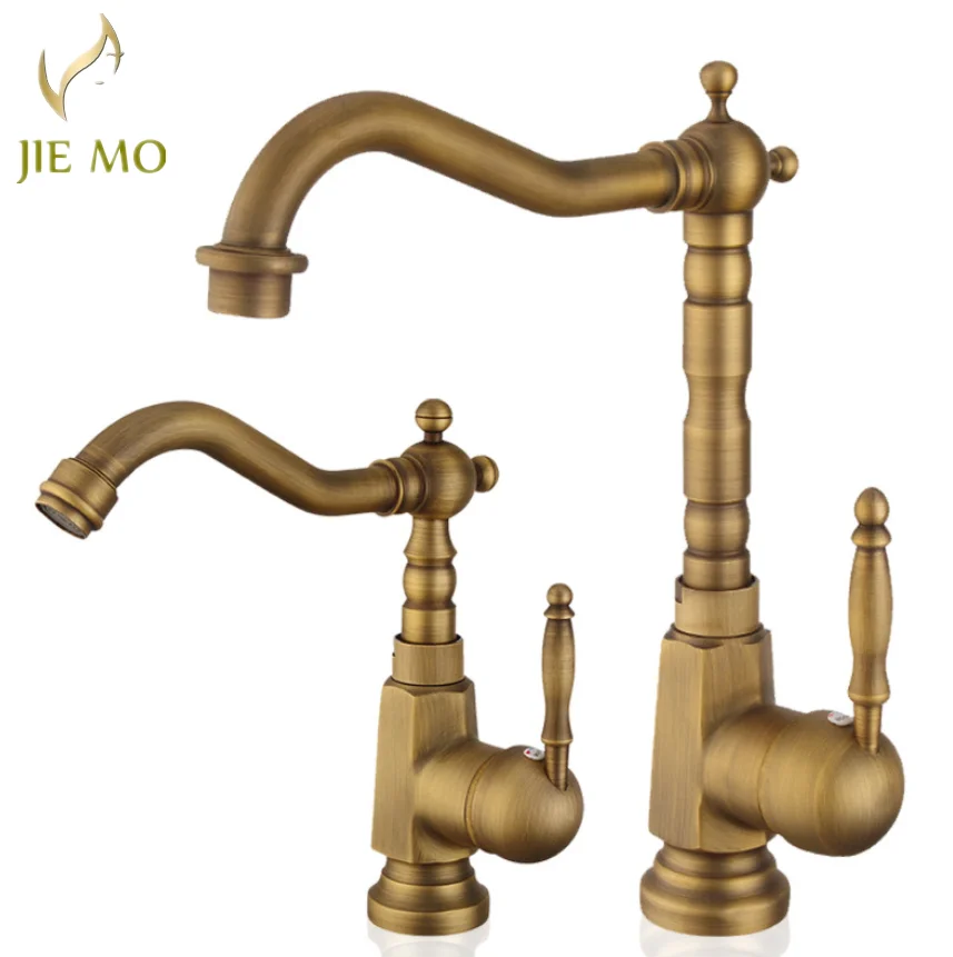 

Antique brass countertop basin faucet for home bathroom sink and kitchen cold and hot water splash-proof faucet