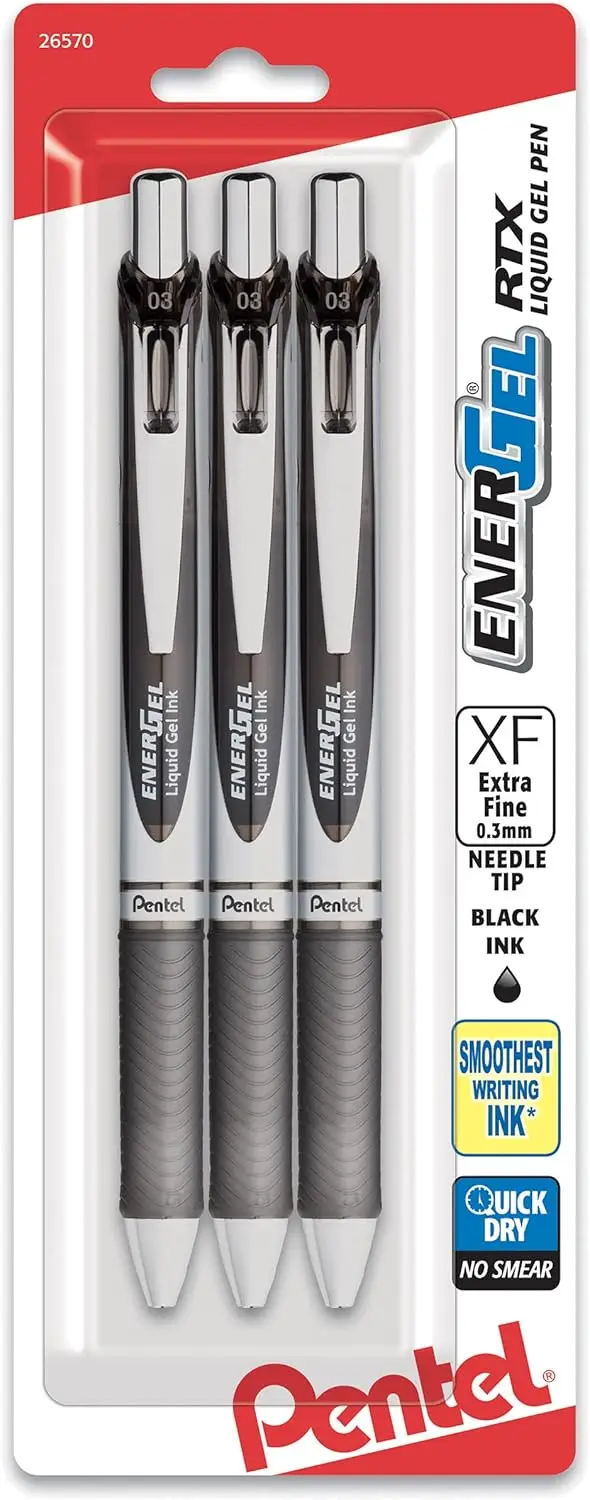 

Retractable Liquid Gel Pen, 0.3mm Extra Fine Needle Tip, Black Ink, Pack of 3