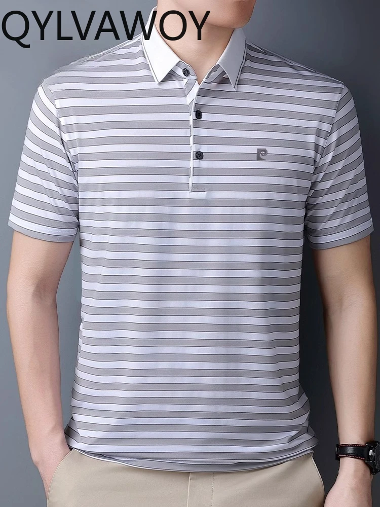 QYLVAWOY 100% Silk T-shirt Short-sleeved Men's Summer 2025 New Lapel Polo Shirt Striped Casual Top חולצת פולו גברים LJ2409