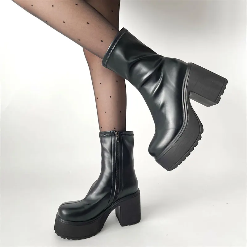 Punk Style Mid-Calf Boots Women 2024 new Black PU Leather Platform Western Boots Woman Fashion Round Head Thick Heels Boots