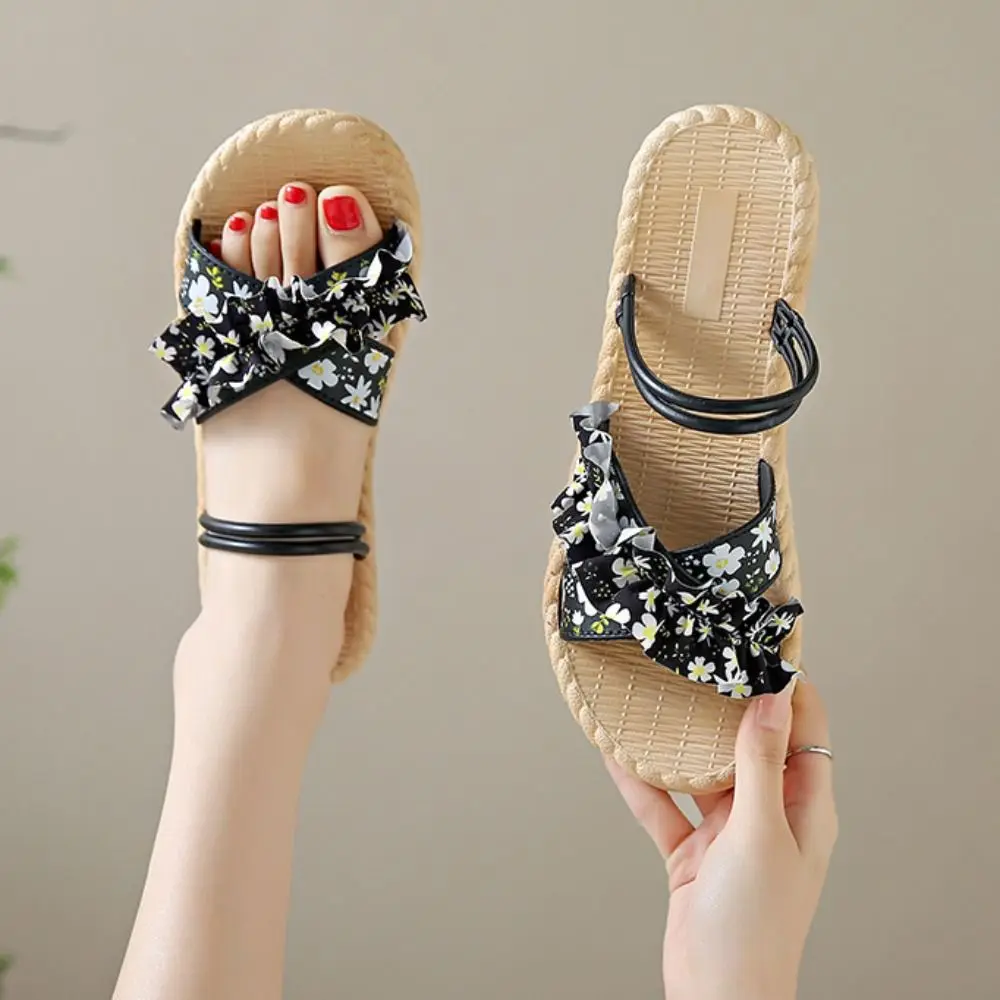 لطيف بولي كلوريد الفينيل زهرة الشقق النعال المضادة للانزلاق كشكش بحر أحذية مفتوحة أحذية البوهيمي نمط النعال للنساء الصيف
