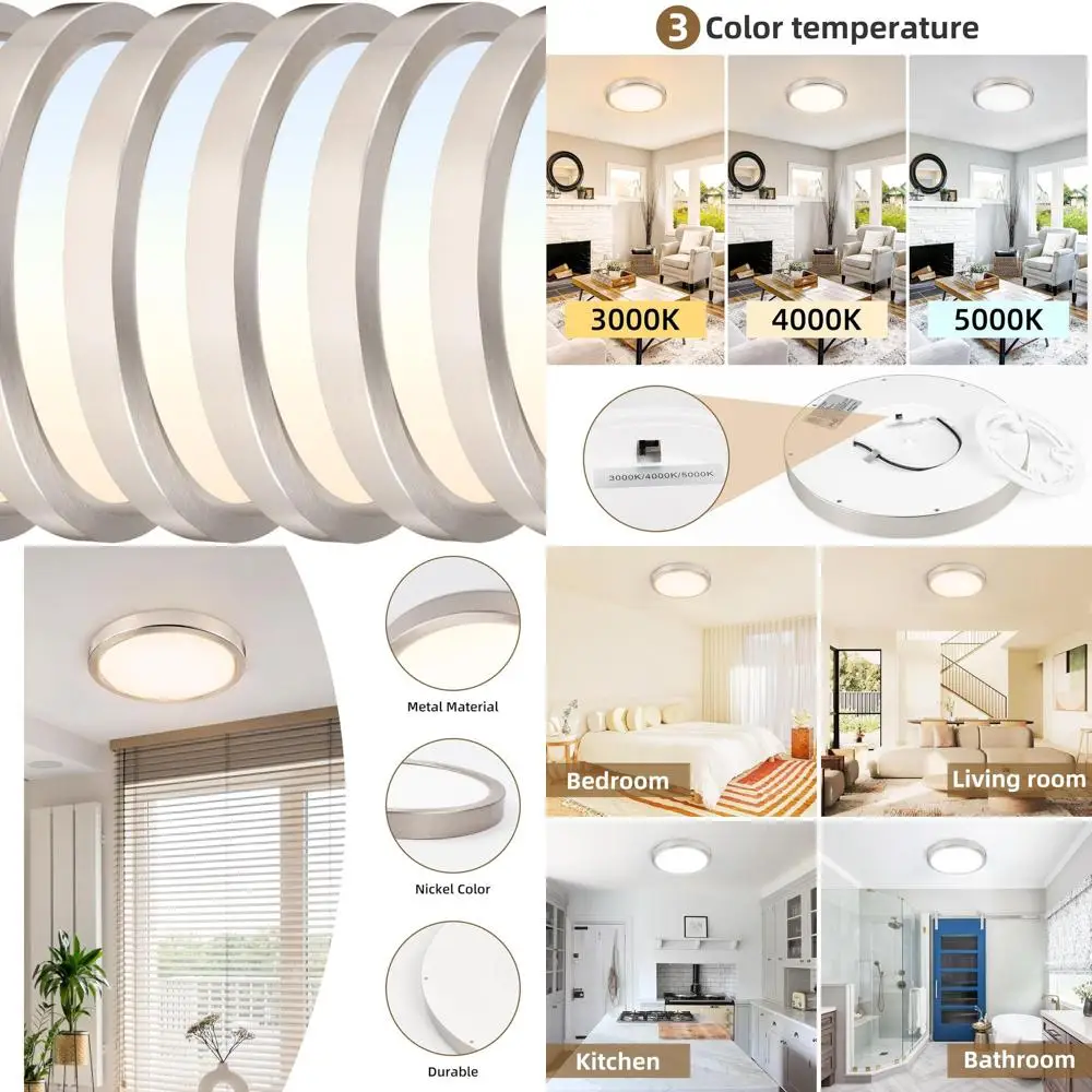 

9-дюймовый светодиодный потолочный светильник 18 Вт, 1800 люмен, регулируемая цветовая температура 3000K-5000K, подходит для кухни и спальни (матовый никель)