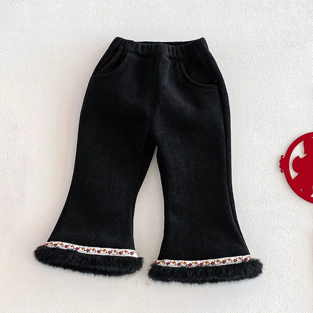 Christmas Girls Leggings Plus Velvet Thick Warm Toddler Winter Clothes Chinese New Year Toddler Girl Flare Pants  -125