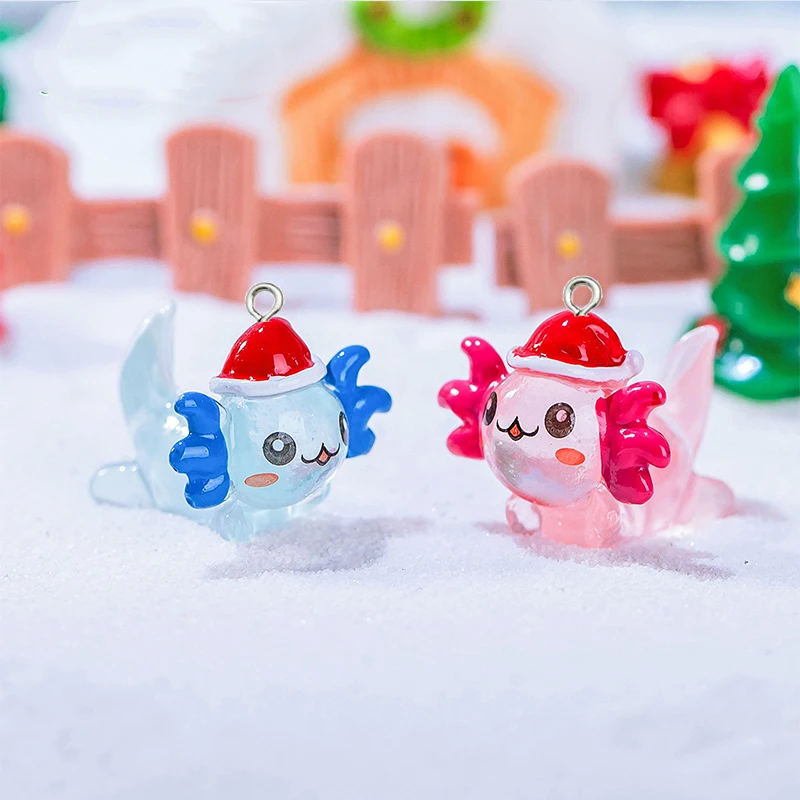 10Pcs Luminous Resin Axolotl Charms Kawaii Cartoon Christmas Hat Hexagon Dragon Pendant for Earrings Bracelet DIY Jewelry Making