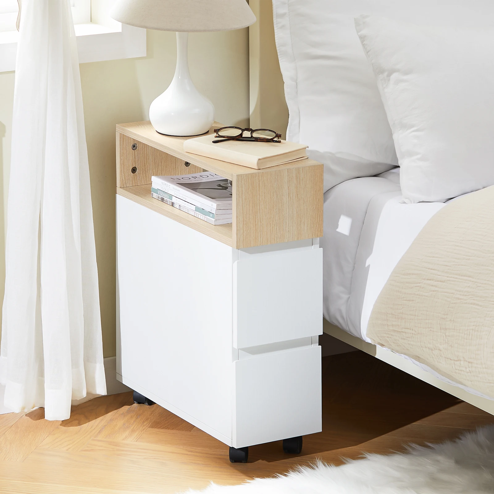 SoBuy FBT155-WN mesita de noche carrito de baño estante de nicho caja cama de primavera mesa de teléfono mesita de noche carrito de nicho blanco natural