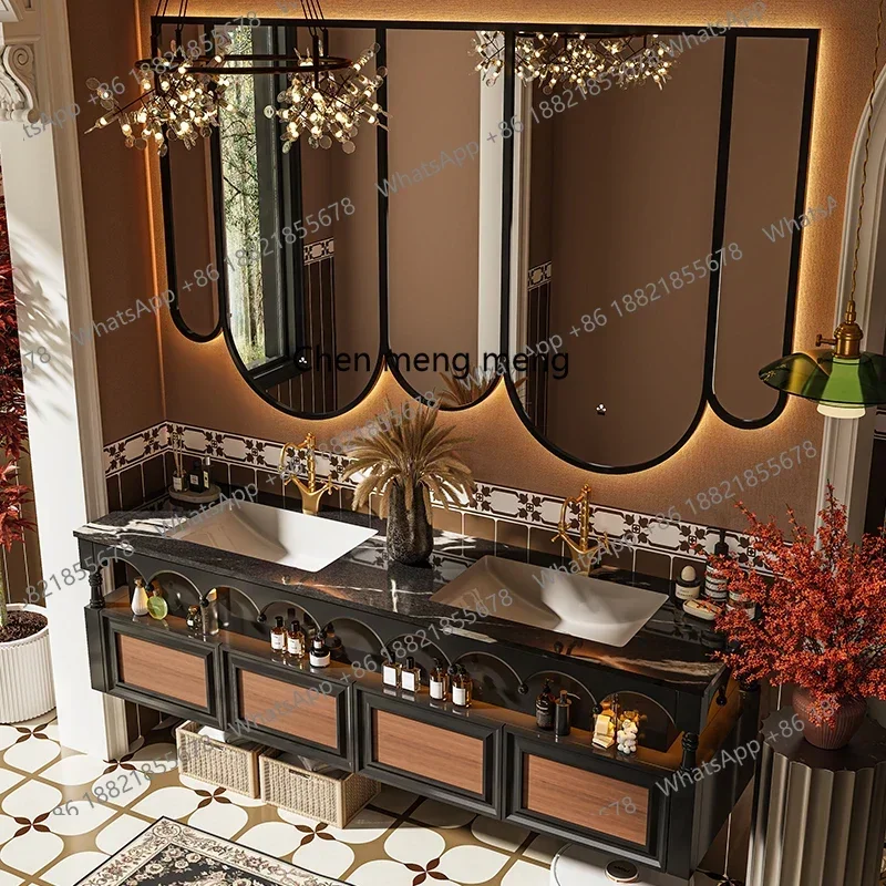 French retro oak floor-to-ceiling bathroom cabinet combination, washbasin cabinet, smart mirror cabinet combination