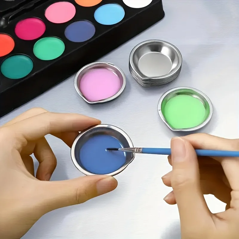 5pcs Pour Mouth Palette Stainless Steel Small Round Paint Tray Artist Watercolours Paint Mixing Palette Tray For Artist