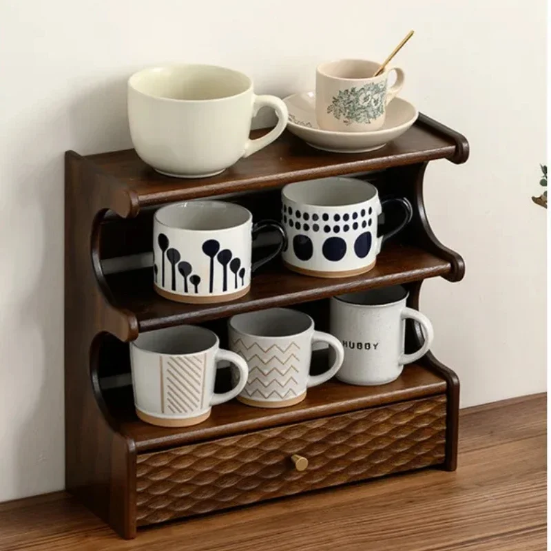 Solid Wood Desktop Storage Multi-Layer Water Cup Sorting Rack, Coffee Tea Cup, Mug Display Cabinet