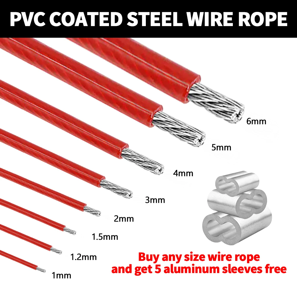 

2/3/4/5/6mm Red PVC Plastic Coating 304 Stainless Steel Wire Rope 5M/10M/50M/100M Suitable For Household, Industrial Use, Etc.,