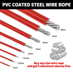 1.2/1.5/2/3/4/5/6mm Steel Wire Rope 304 Stainless Red PVC Plastic Coating 5M/10M/50M/100M Suitable For clothesline hanging rope