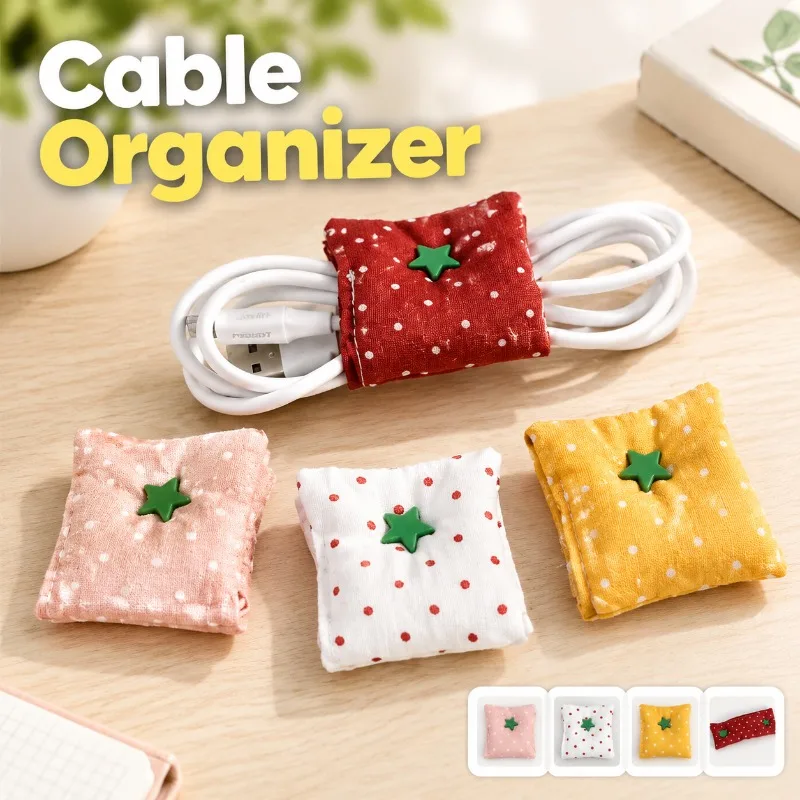 Double‑Sided Polka Dot Fabric Cable Organizer Reusable Wire Winder Cord Holder Snap Button Design for Earphone Charging USB