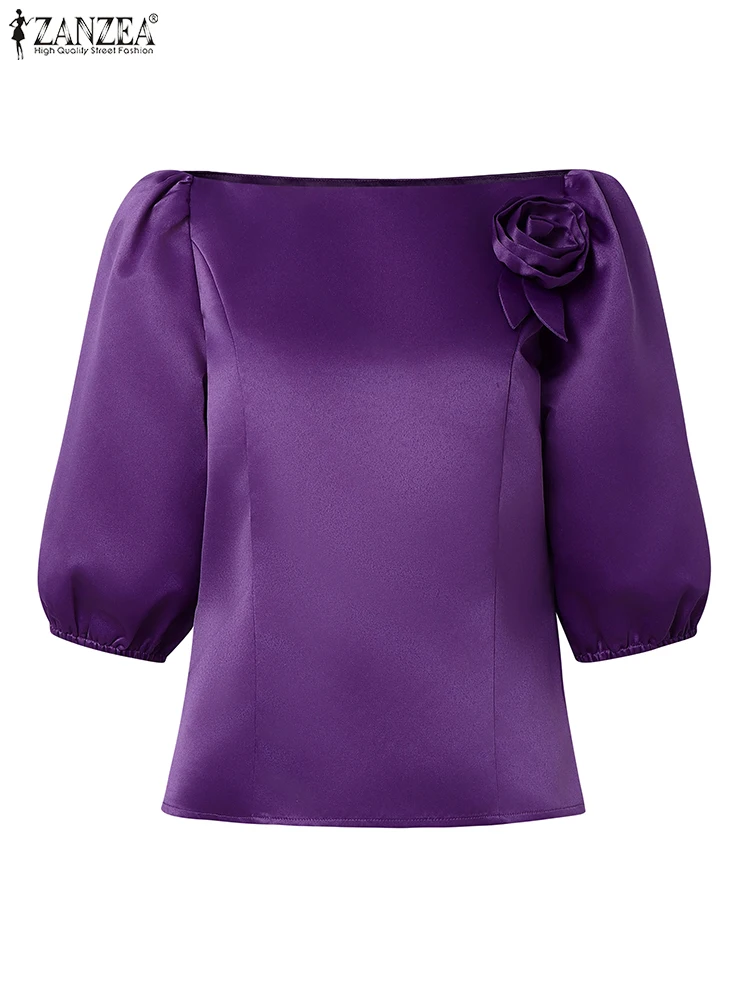 

ZANZEA Elegant Fabric Flower Satin Blouses Women Stylish Boatneck Half Puff Sleeve Blusas Mujer 2025 Autumn Commuting Solid Tops