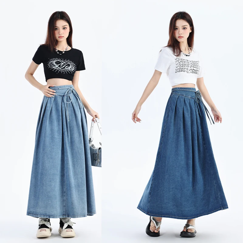 Autumn 2024 New High Elastic Waist Long Denim Skirt For Women Korean Style Streetwear Lace-up Blue Maxi Jeans Skirts Female