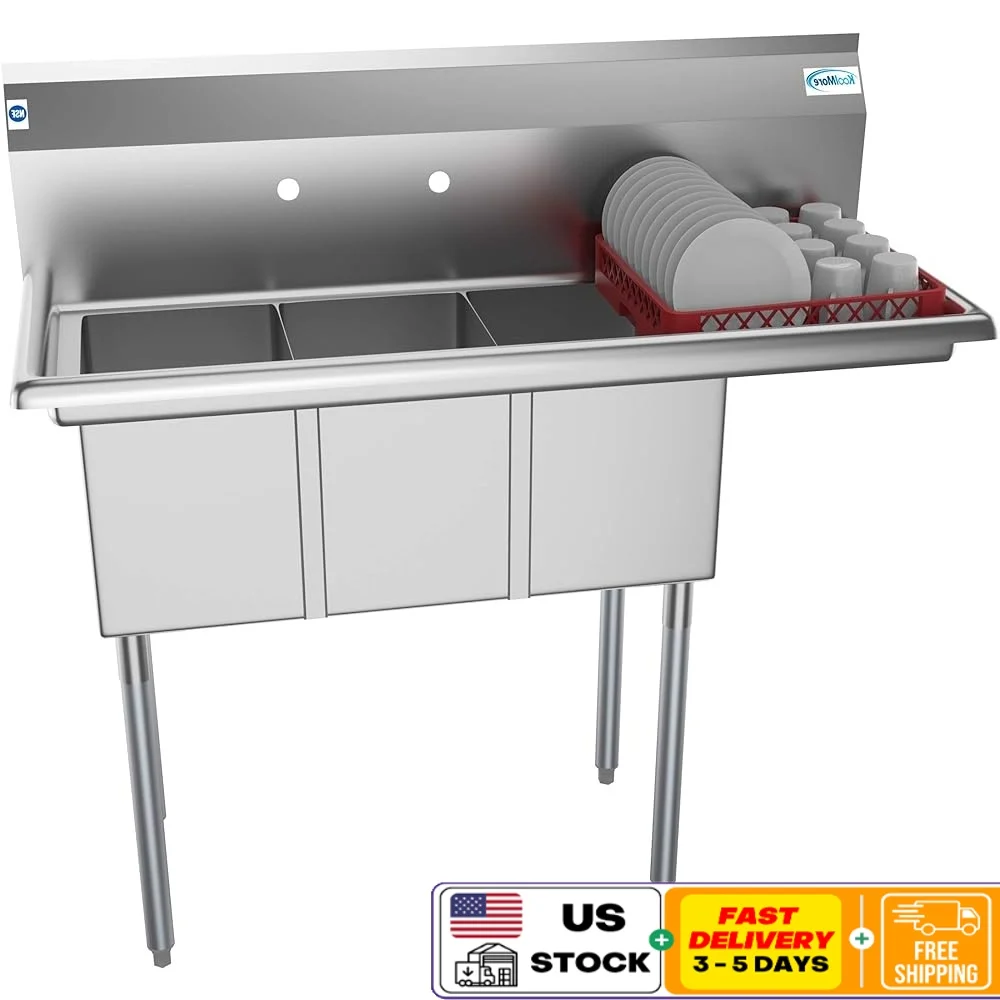 

3 Compartment Stainless Steel Commercial Kitchen Sink with Drainboard NSF Heavy Duty Easy Clean Space Saving Design