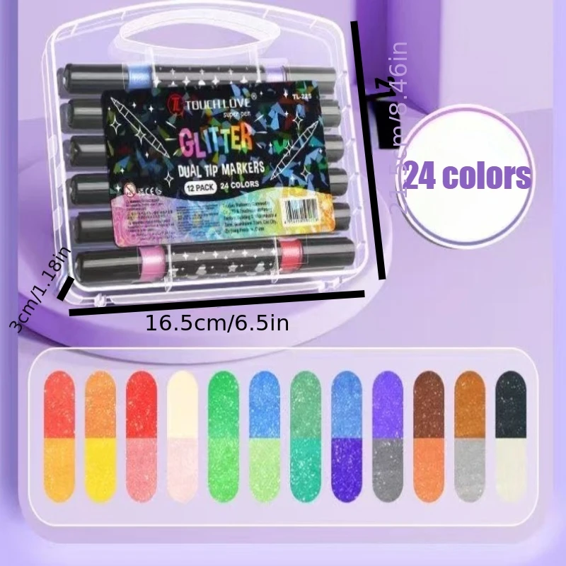 12Pcs 24 Colors Double Head Glitter Marker Set Quick Dry Glue Based Ink Metallic Flash Pens Dual Tip for Scrapbook Journal Card