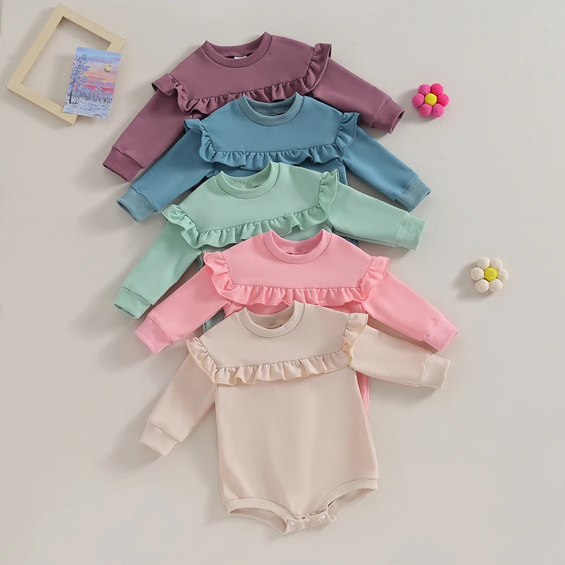 

2023-11-01 Lioraitiin Newborn Baby Girl Sweatshirt Romper Solid Color Ruffle Long Sleeve Bubble Cute Fall Winter Clothes