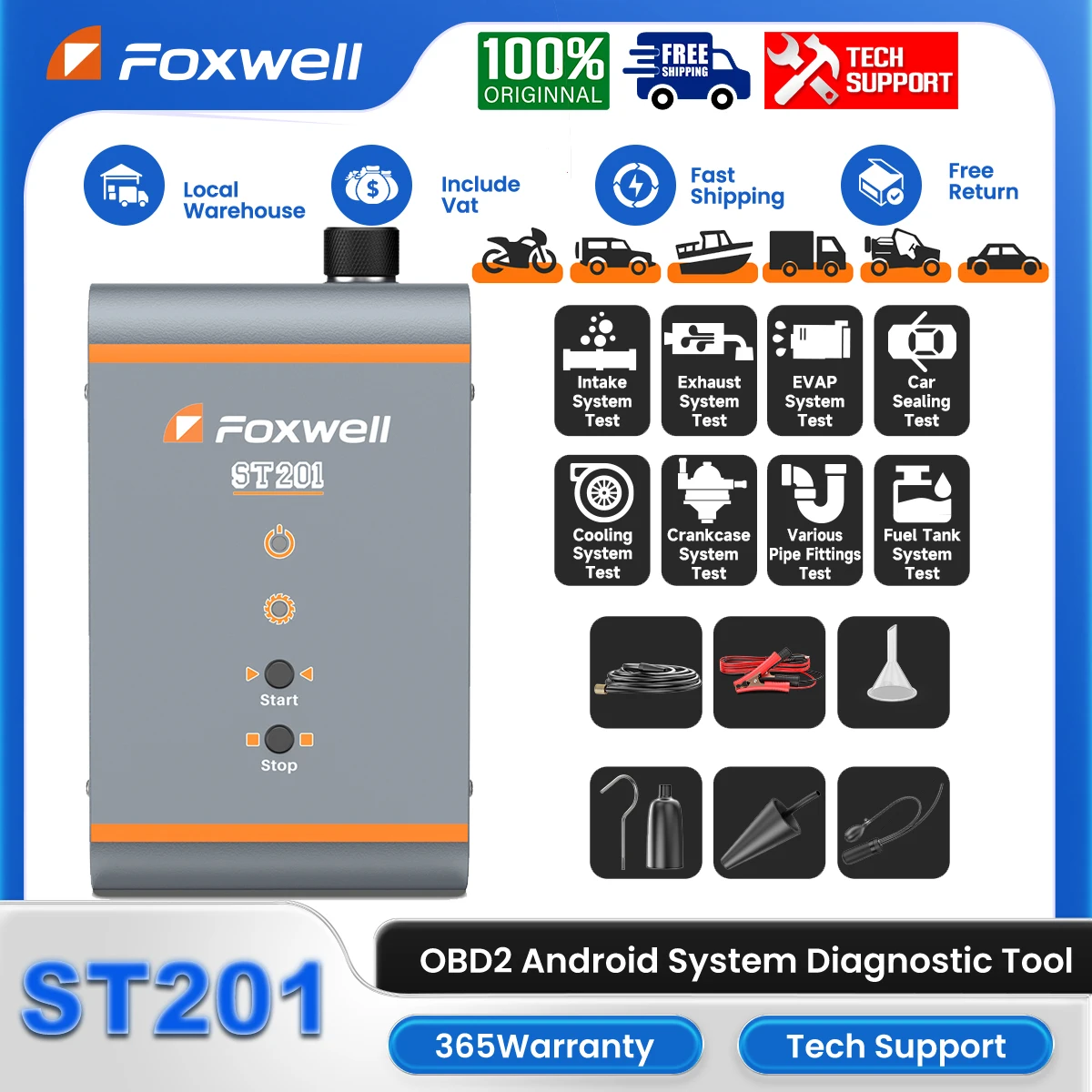 FOXWELL ST201 Auto Smoke Machine Leak Detector Diagnostic Tool Built-in Pump Test EVAP Fuel Tank Exhaust Turbo System Tester