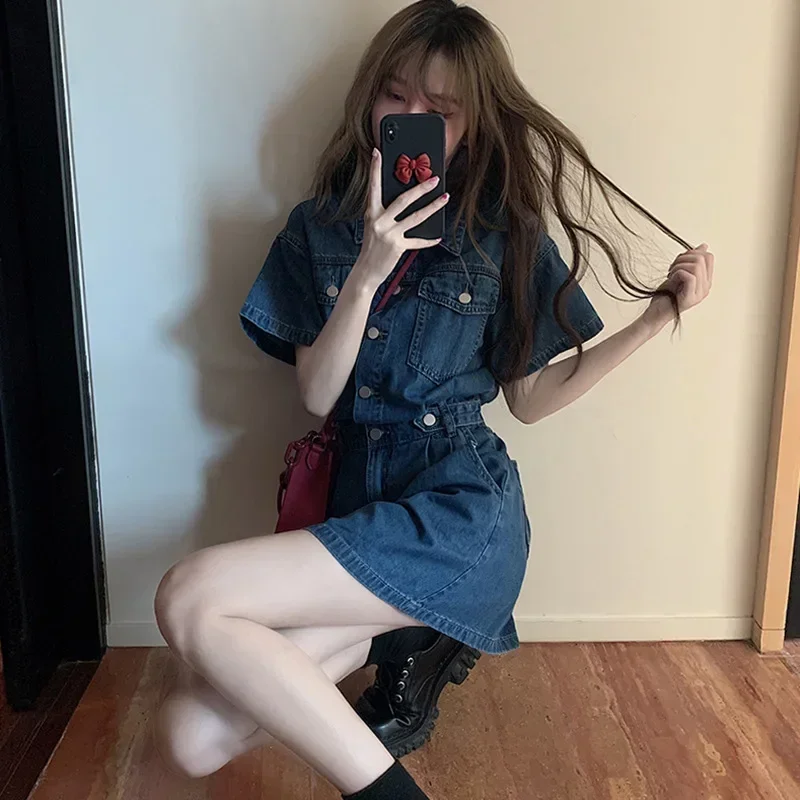 ใหม่หวานผู้หญิง DENIM สั้นชุดผู้หญิง Turn-Down COLLAR SINGLE Breasted แขนสั้นกระเป๋าสาย DENIM Jean เกาหลีชุด