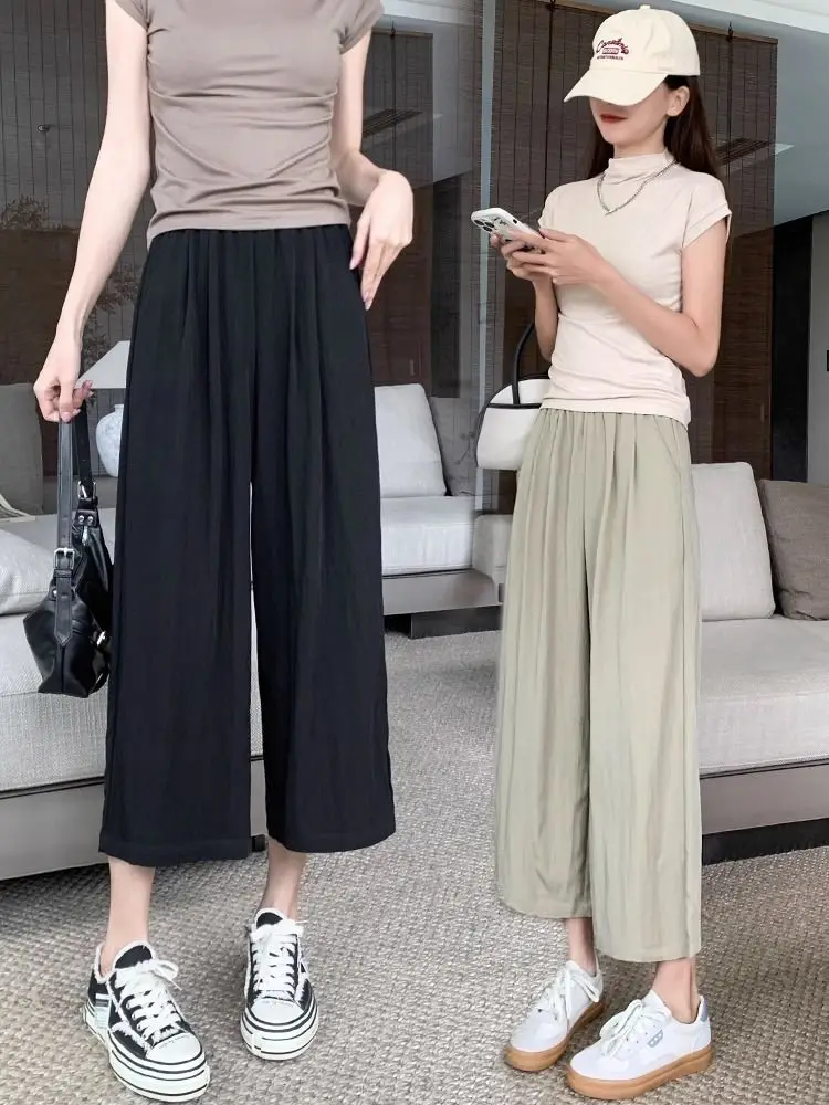 

Широкие брюки Ice Silk Sakamoto из тонкого хлопка и льна, струящиеся, женские, летние, новый стиль, с высокой талией, укороченные (длиной 7/8)