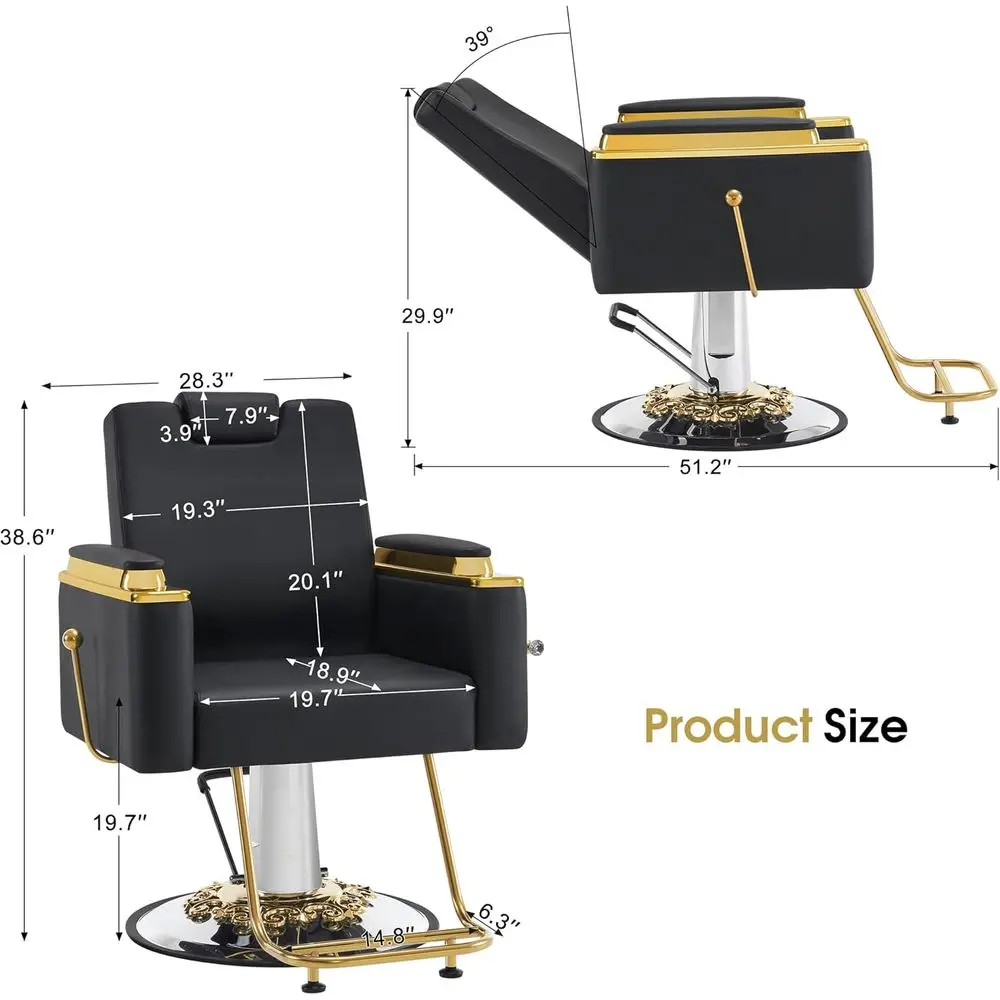 Elegant Heavy-Duty Hydraulic Barber Chair, Adjustable Recline for Stylists, Gold and Black Salon Chair