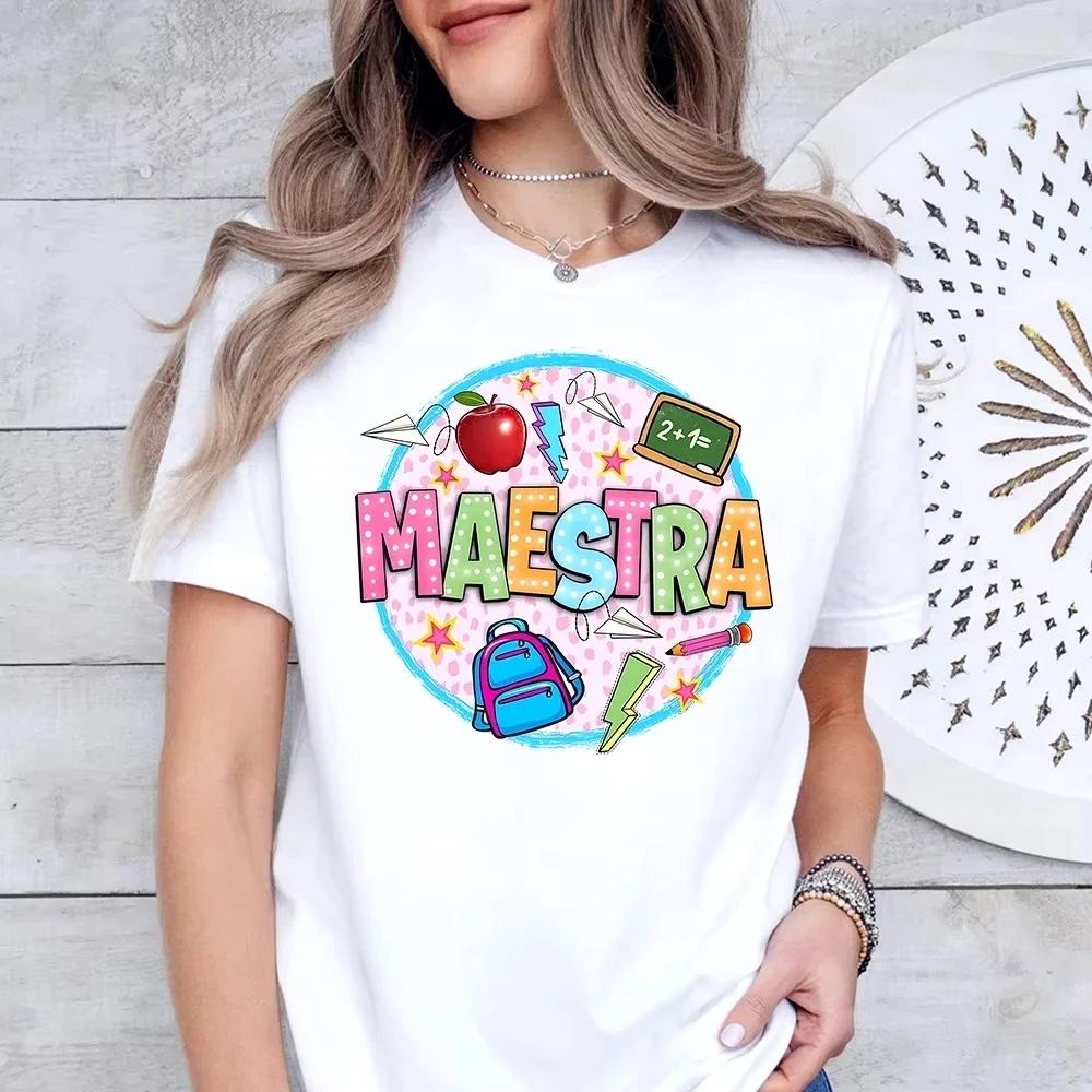Unisex T‑shirt Maestra Letter Graphic Tee Crew Neck Short Sleeve Colorful School Supplies Print Spanish Teacher Casual Daily Top