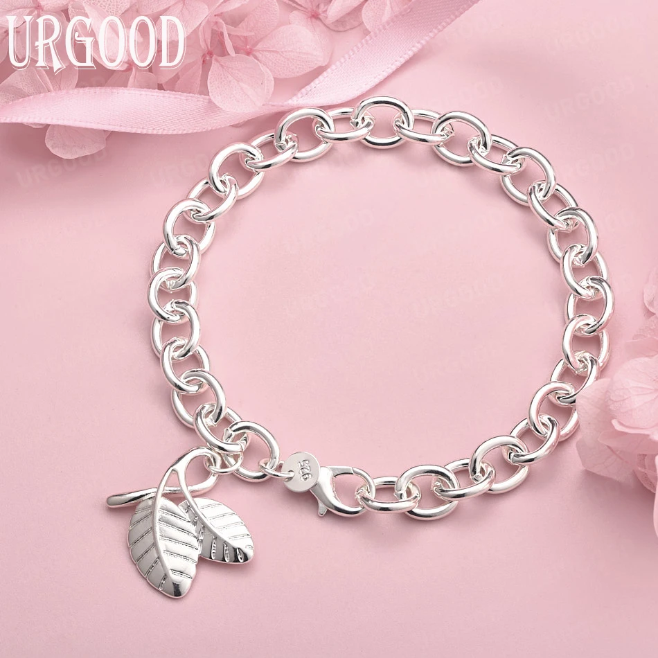 

Браслет из стерлингового серебра 925 пробы с подвеской в виде двойного листа для женщин и мужчин, модные украшения для вечеринок, помолвки, свадьбы