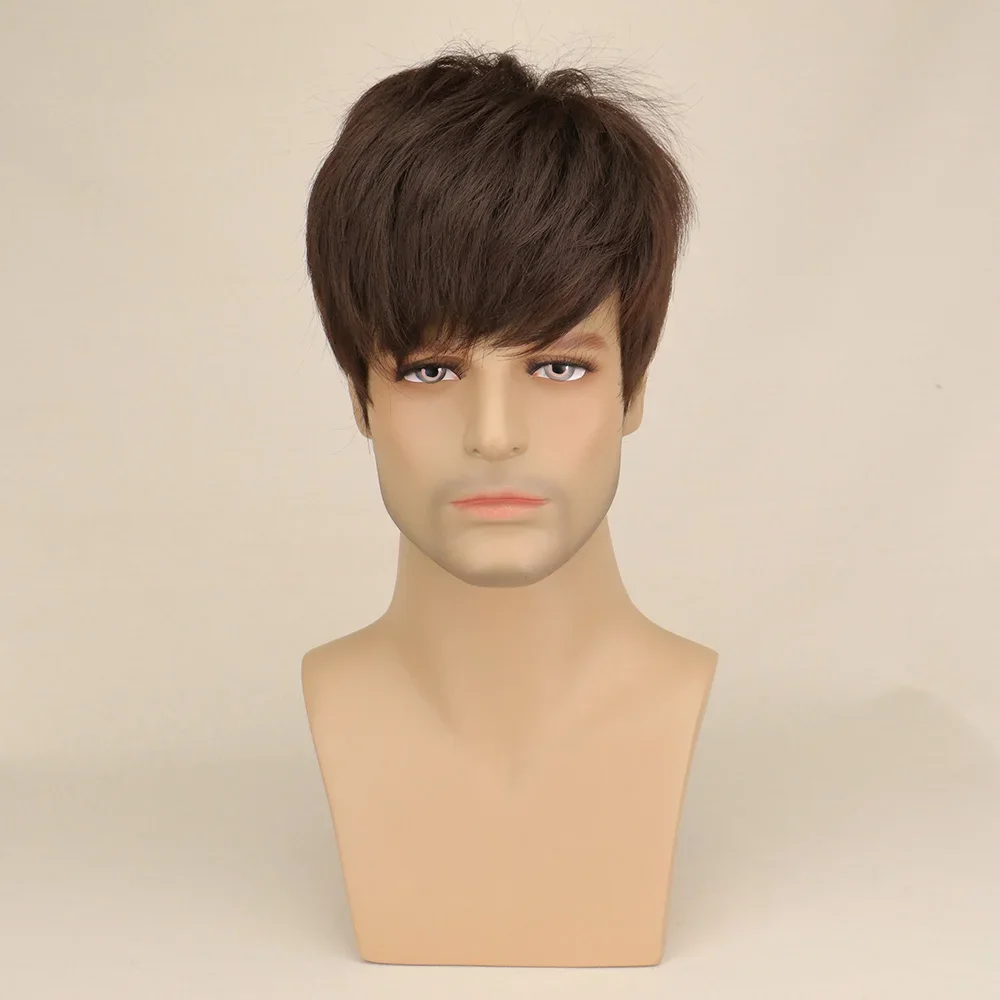 WHIMSICAL W Synthetic Hair Dark Brown Wig Male Hot Straight Men Hair Natural Mens Toupee Wig