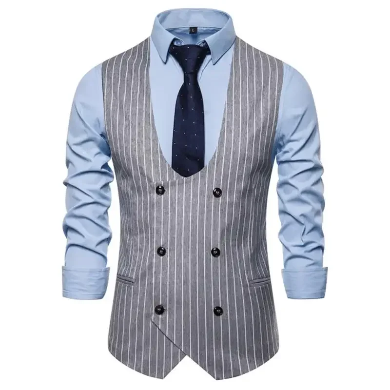 

2023 Autumn New Men's Casual U-neck Striped Vest Men's Slim Fit British Long Sleeve Shirt