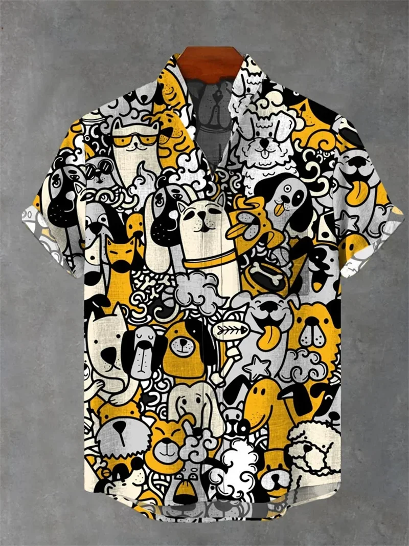

Men's Simple Casual Animal 3D Printed Linen Lapel Button Short-sleeved Shirt Slim-fit Hawaiian Vacation Casual Outdoor Top