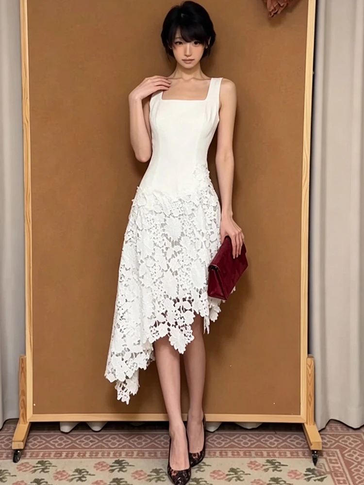 Kliou Elegant Style Long Dress Woman Square Collar Sleeveless Shape Waist Jacquard Patchwork Irregular Hem Y2K Style Vestidos