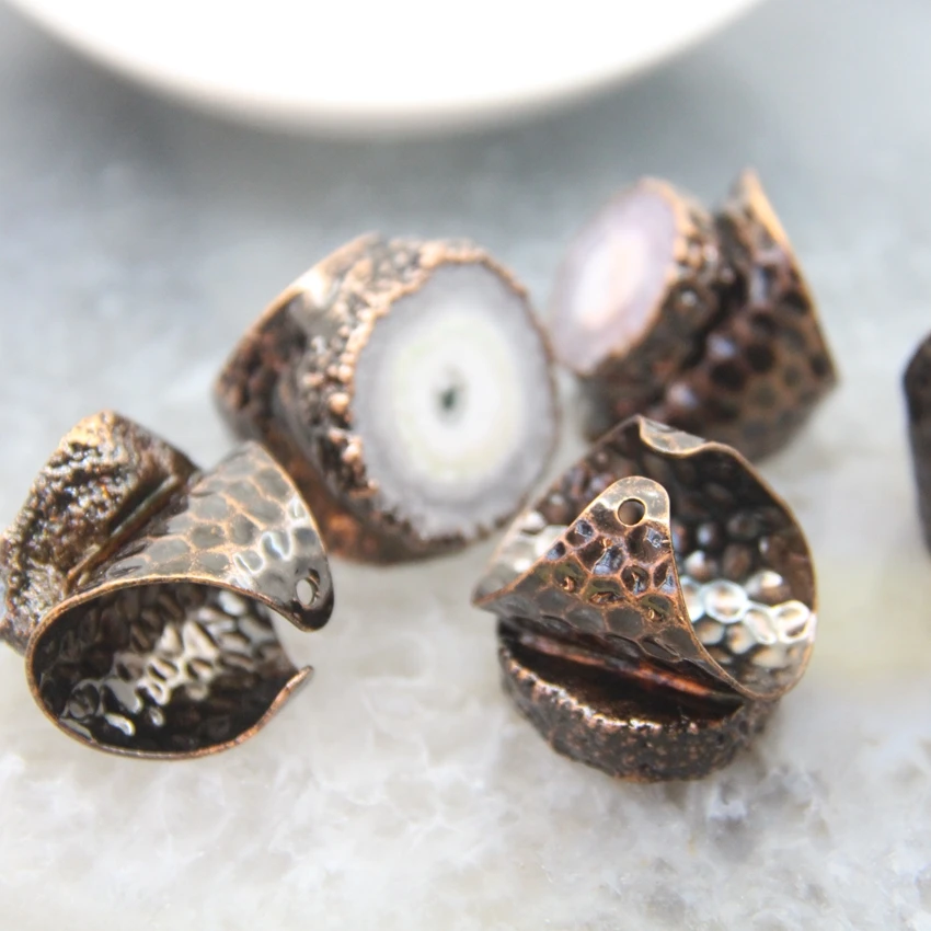 Natural Geode Sun Flower Rings,Solar Quartz Druzy Agate Adjustable Bronze Rings,Healing Quartz Party Finger Rings Jewelry