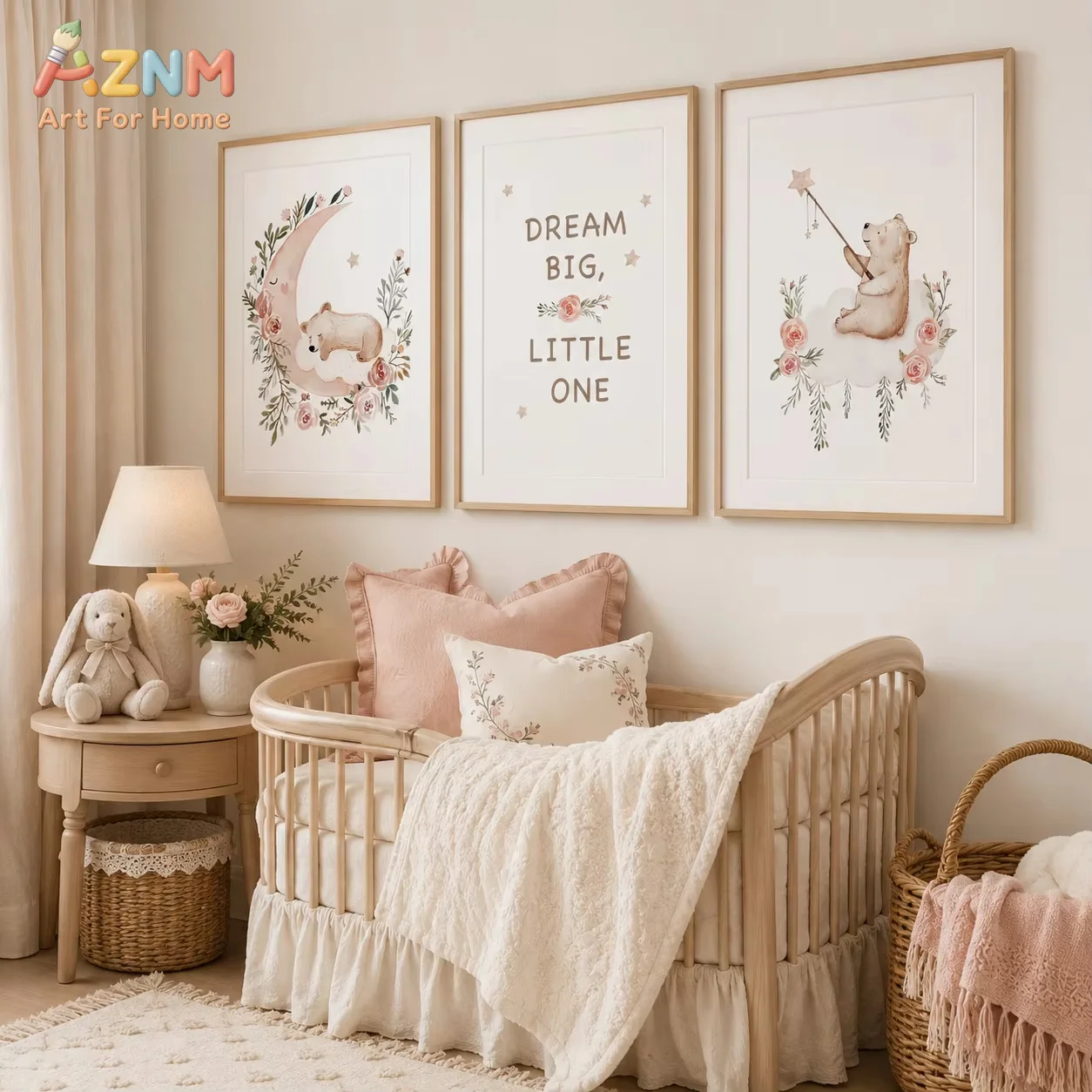 AZNM Nursery Flower Wall Art, Cute Teddy Bear Moon Quotes Canvas Painting, Baby Poster Print for Kids Boy Girl Bedroom Decor