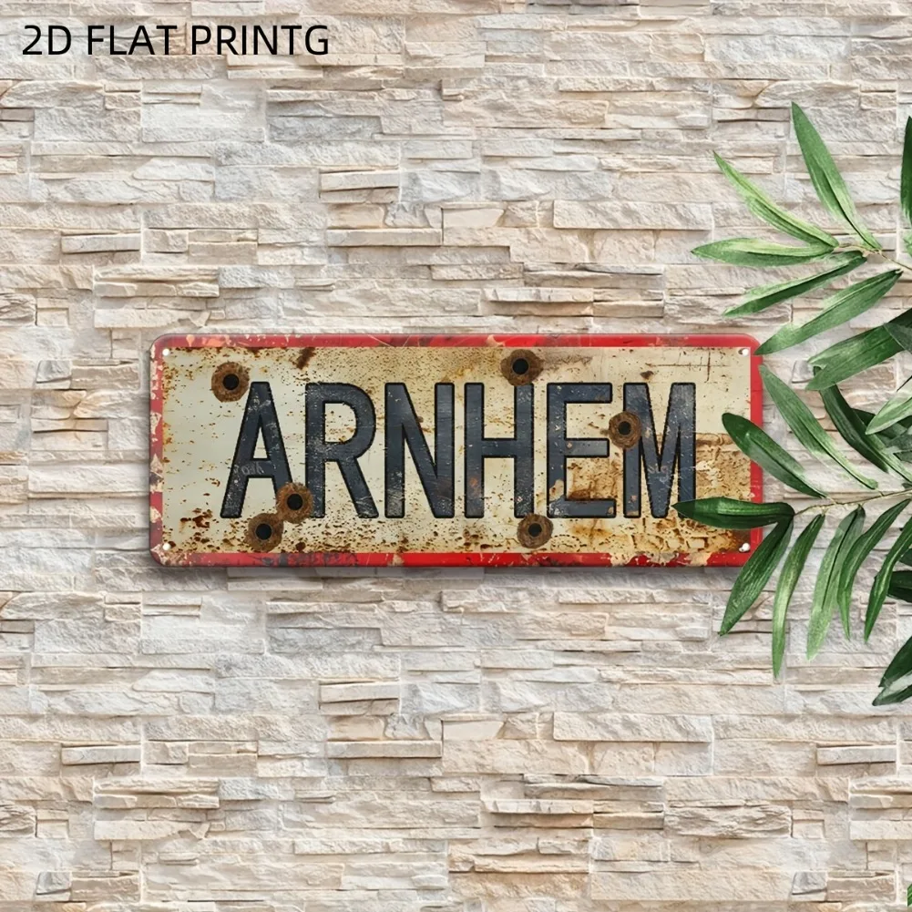 1個 15.7インチ×3.9インチ 2D フラット ヴィンテージ「アルネム」メタルウォールアート - 素朴なステンレススチール装飾、ガレージ/庭/バー用アート