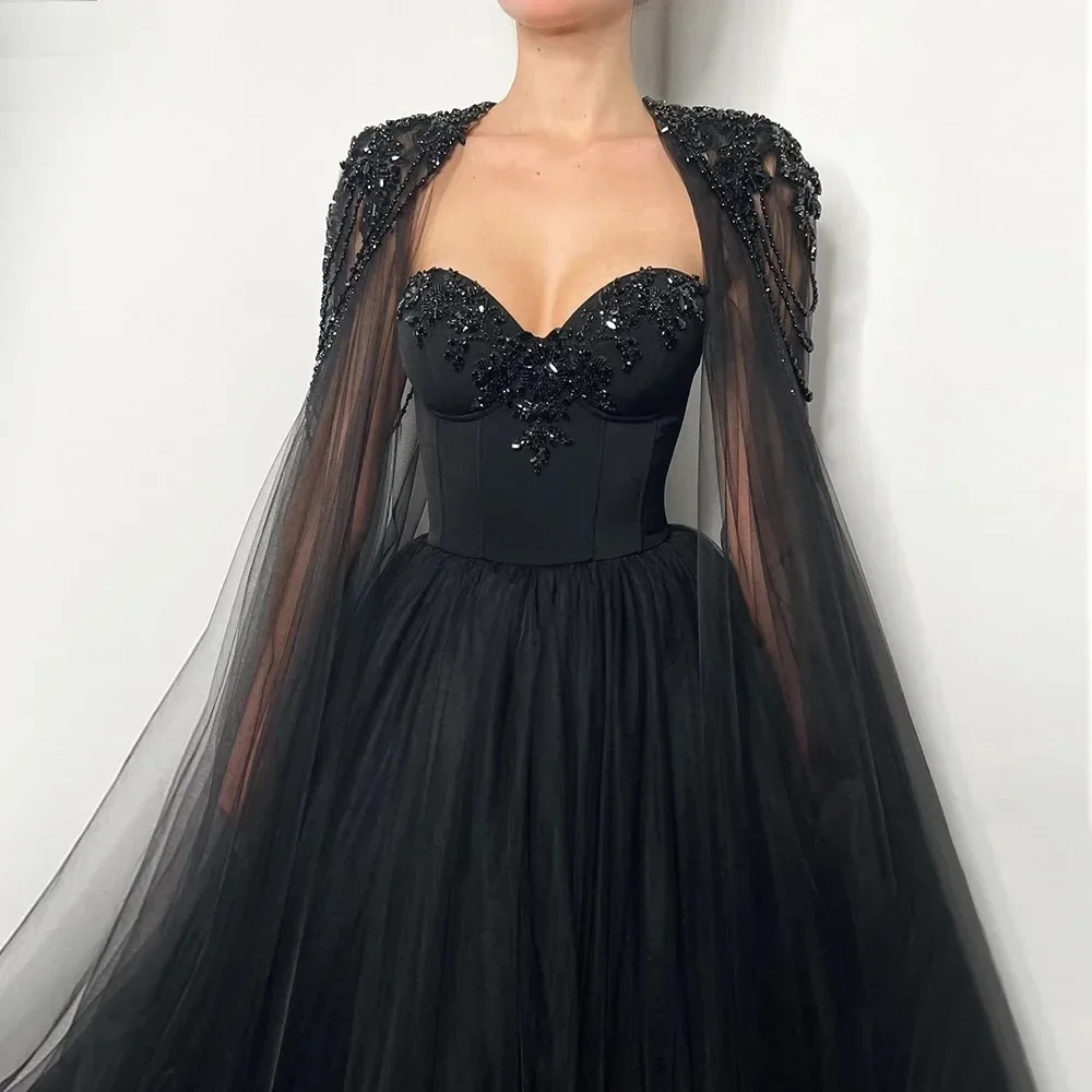 Luxury Pearls Beads Evening Dresses with Cape Sleeves Fashion Sweetheart Sweep Train A-Line Gowns Black Prom Party Dresses