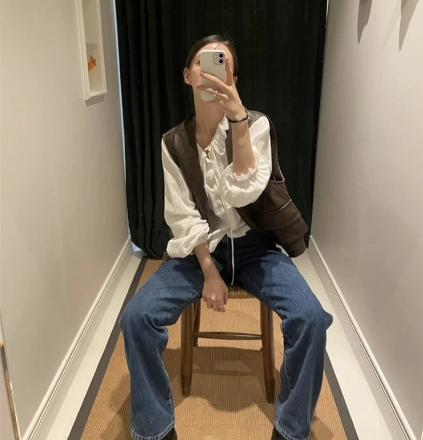 

Barnet Vintage Folded Hem Long Sve Pure Color Loose irt Women's Commute Sle Breathable Comfortable ex Spring Autumn