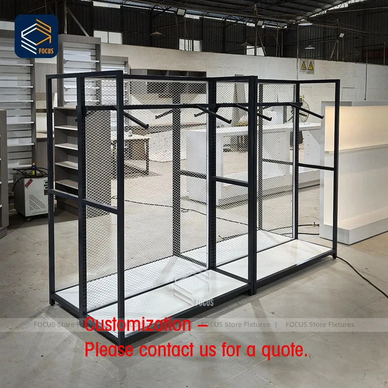 custom.Custom Retail Industrial Metal Mesh Garment Display Rack Double Side Clothing Stand Fixture Design