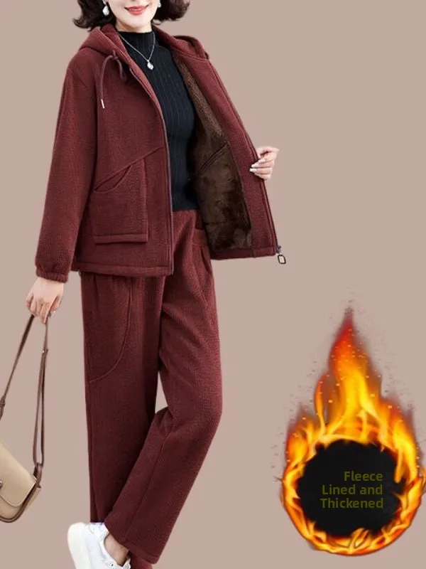 

Women's Casual Sporty Fleece Lined Corduroy Jacket And Pants Set with Hood Autumn Winter Thickened Long Sleeve Zipper Loose Fit