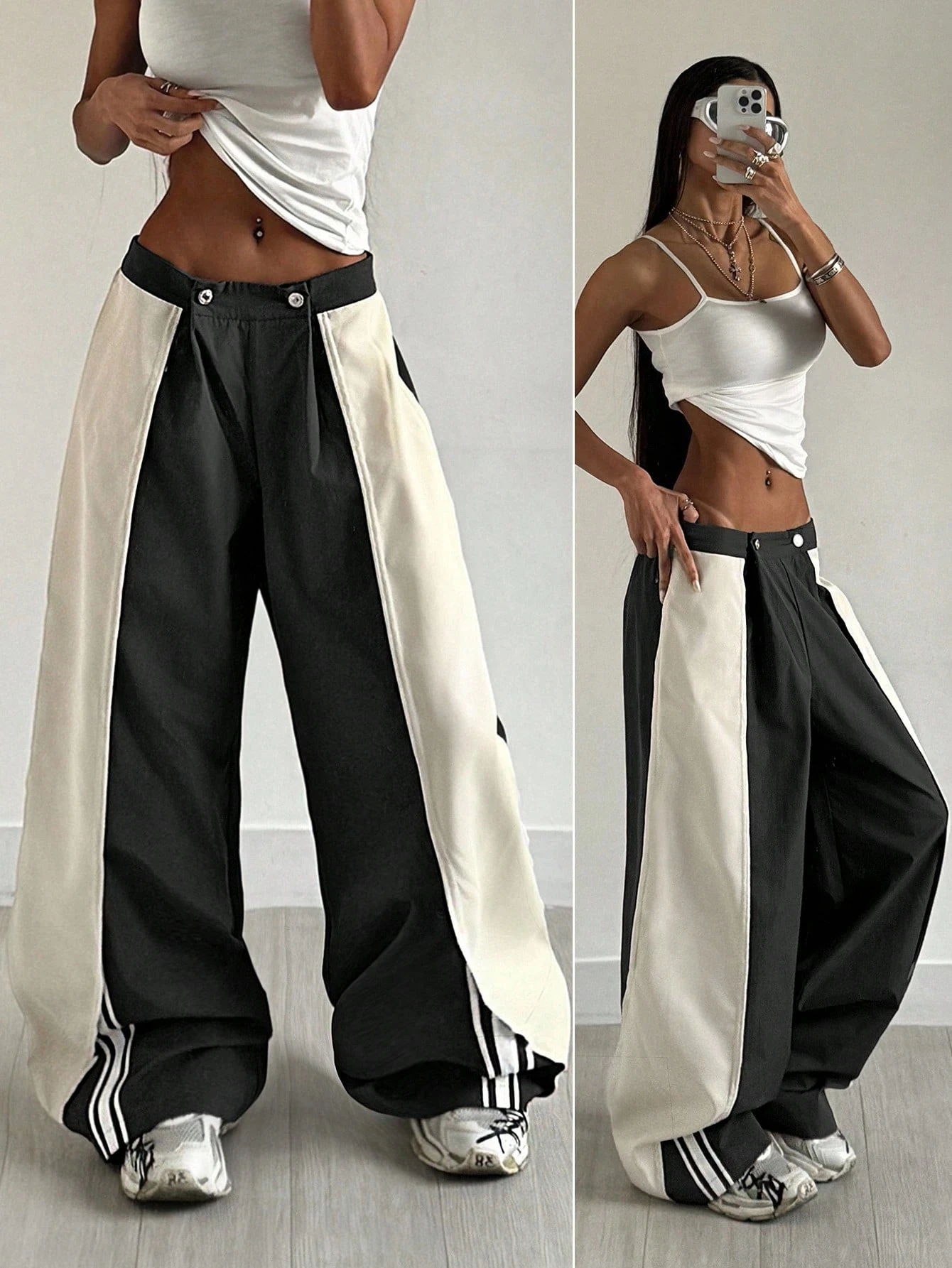 Women's Black & White Color Block Wide Leg Pants | New European Style Side Stripe High Waist Flattering Casual Sports Trousers