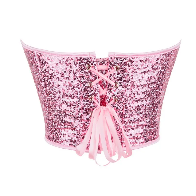 Pink Women Corset Top Sequins Sexy Push Up Bustier Crop Top Party Short Camis