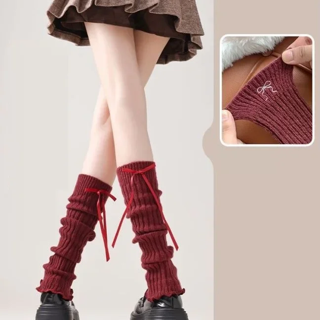 Calentadores de piernas de punto navideños rojos, cubierta de bota con lazo Kawaii de Lolita para mujeres y niñas, calcetines largos con volantes de estilo japonés