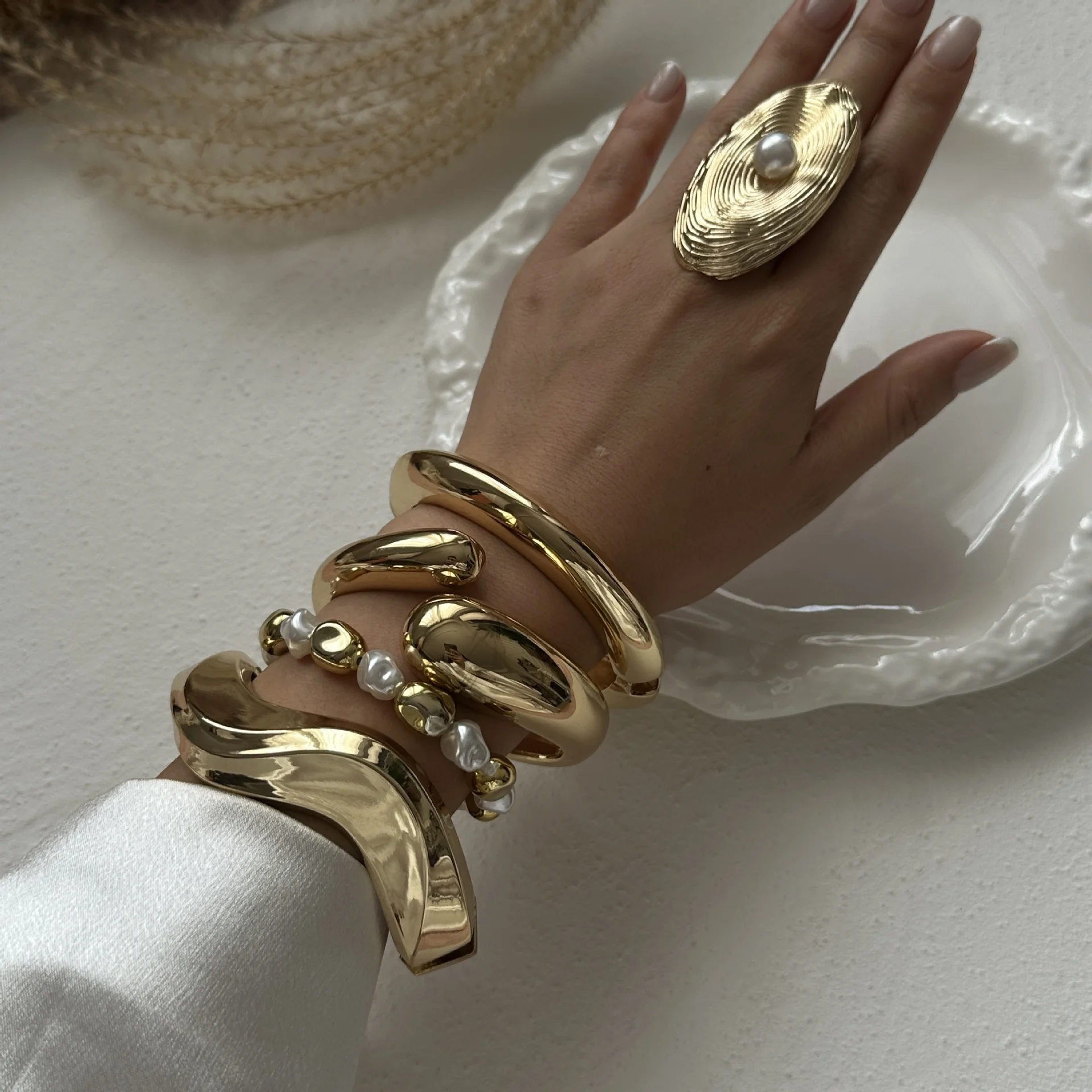 Fashion Exaggerated Wide Cuff Irregular Geometric Gold Color Chunky Bangles Bracelet for Women Men Punk Hip Hop  Jewelry Gift