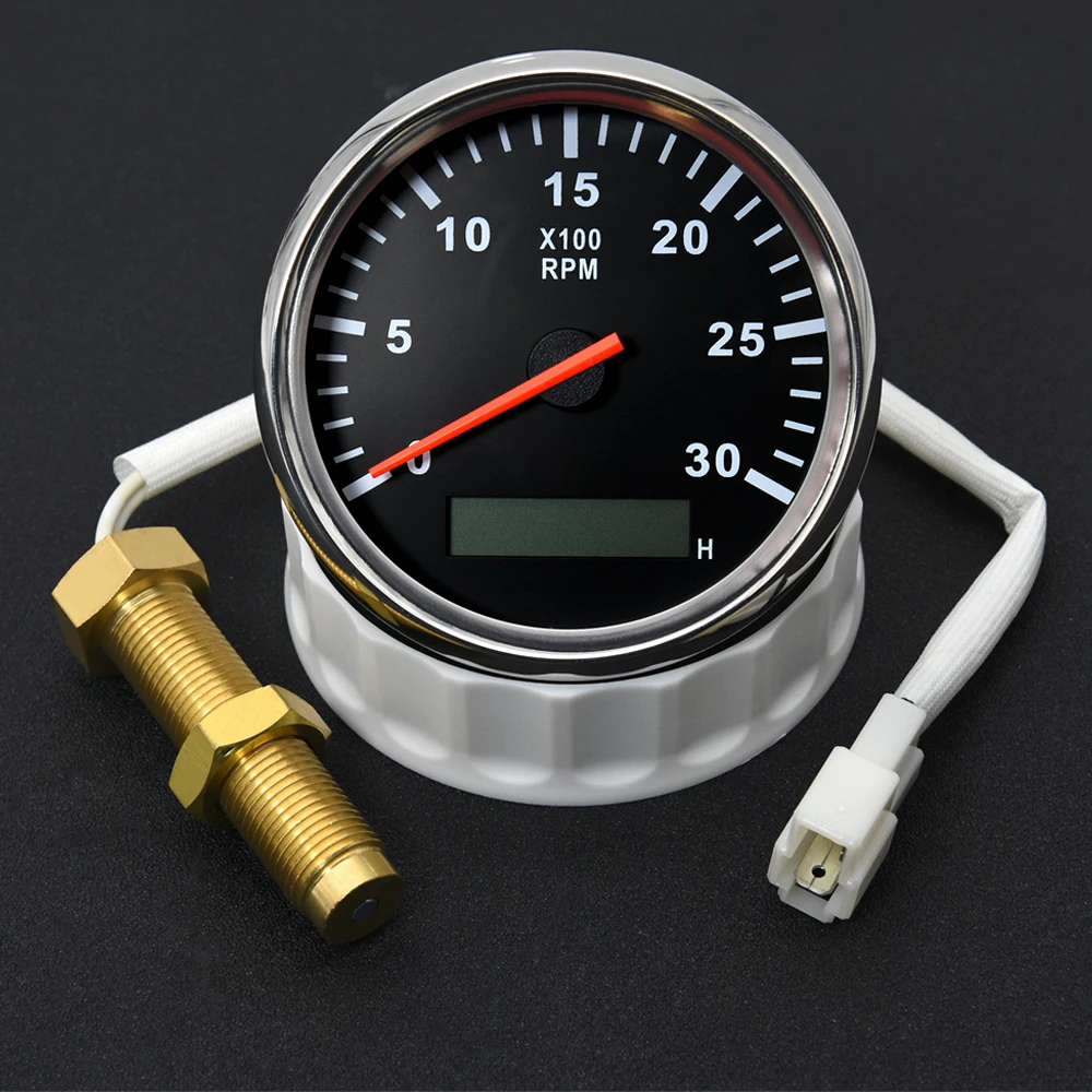 85MM RPM Tachometer Gauge Tach Sensor REV Counter with Hour Meter Gasoline Diesel 12V 24V Red Backlight 0~3000RPM 4000RPM