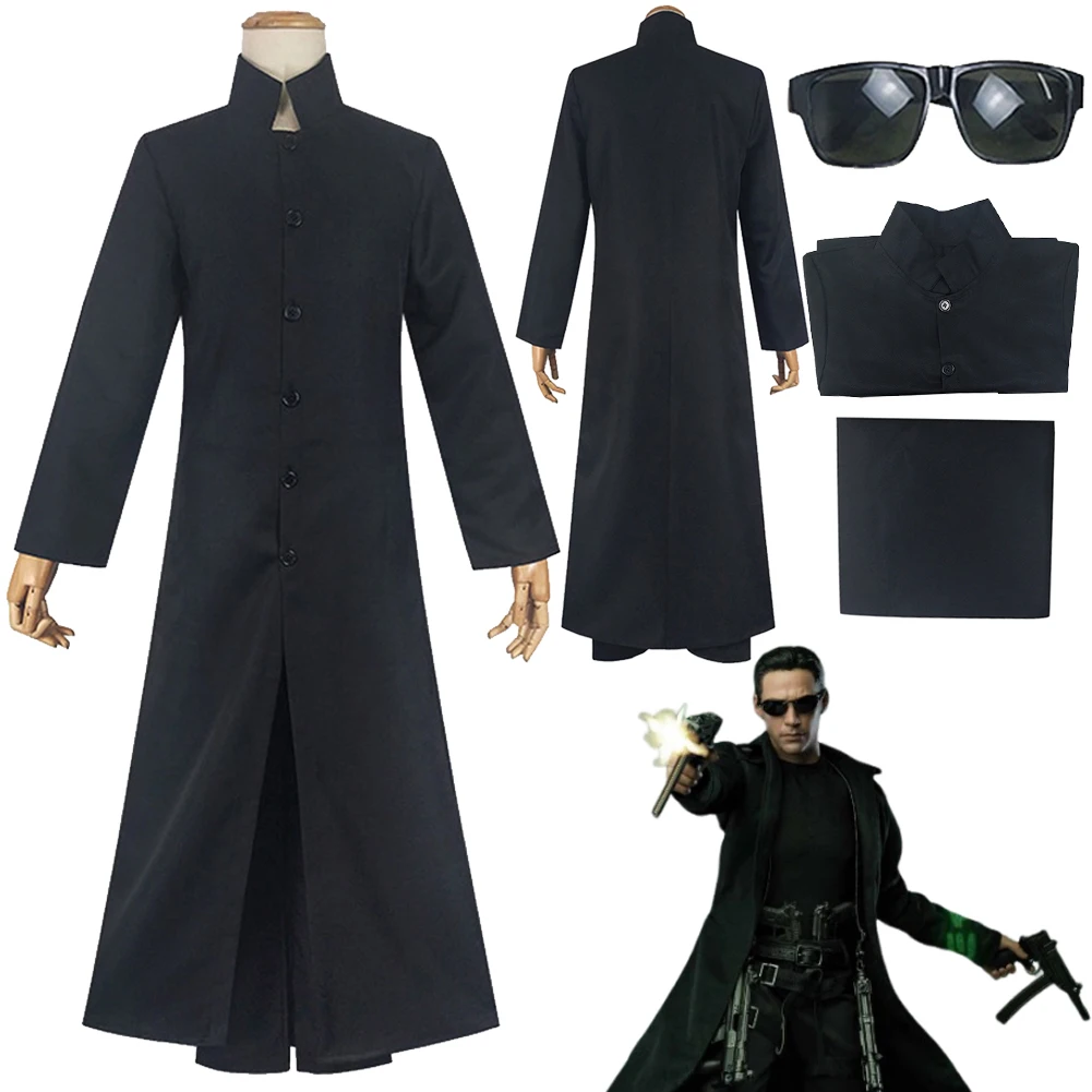 

Neo Cosplay Fantasy Men Black Jacket Pants Costume Movie Hacker Empire Roleplay Glasses Coat Outfits Male Boys Halloween Suit