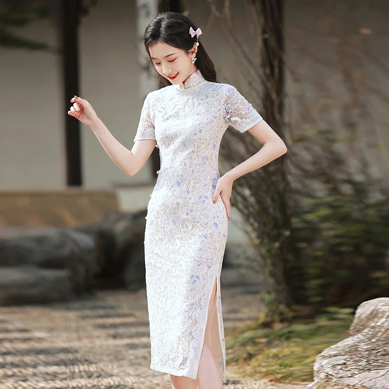 

Lace Cheongsam 2023 New Temperament Young Middle and Long Girls Improved Slim Dress Small Fresh Women Fashion Comfortable