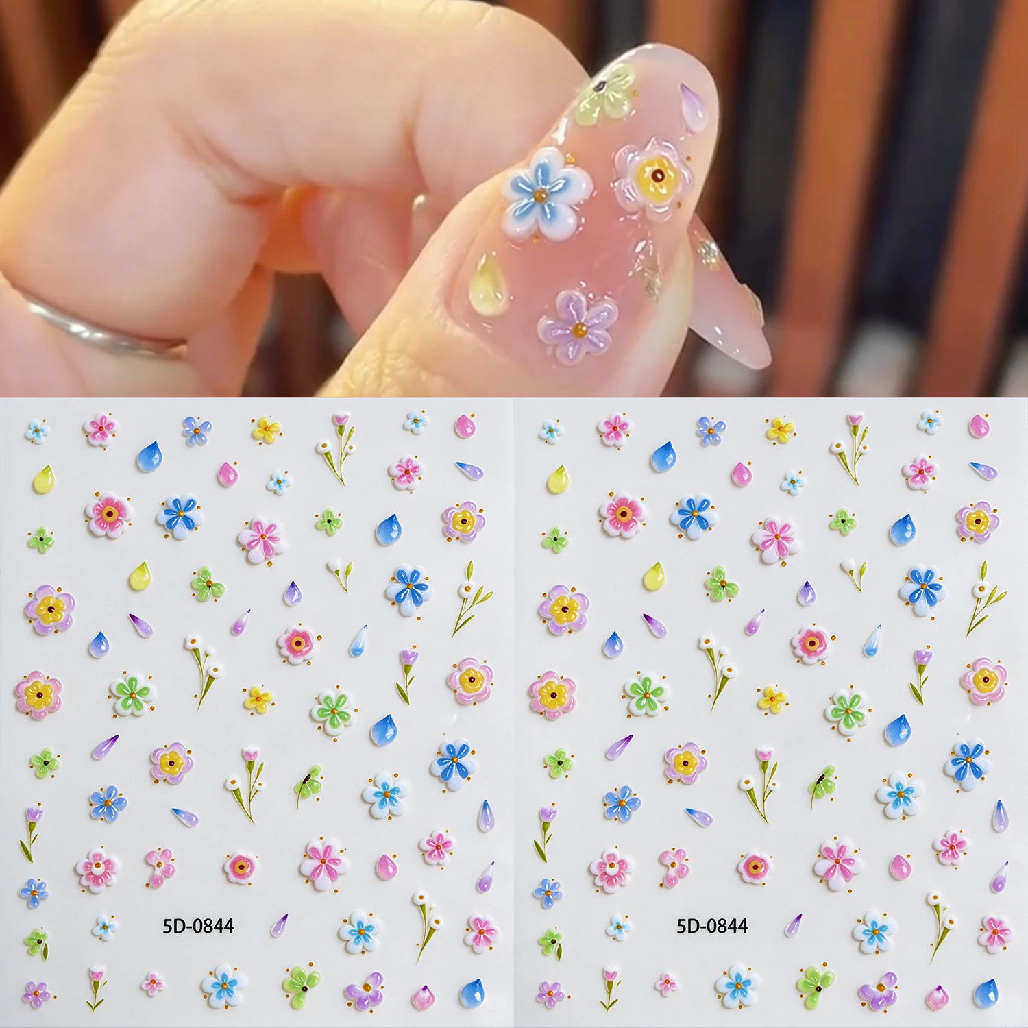 5D Relief Blossoming Flower& Water-Drop Nail Sticker Multicolor Flower Leaf Nail Decal Self-Adhesive Five-Petal Flower Slider