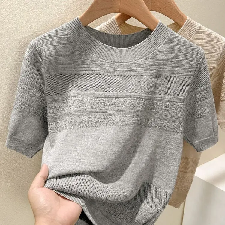 

Summer Knitted Hollow Loose And Slim Design Top Knitted Shirt Women's New Round Neck Knitted Short Sleeve T-shirt