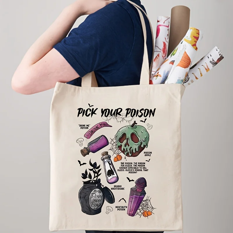 Pick Your Poison Pattern Tote Bag, Funny Halloween Canvas Gift Bag, Portable Shoulder Bag For Shopping